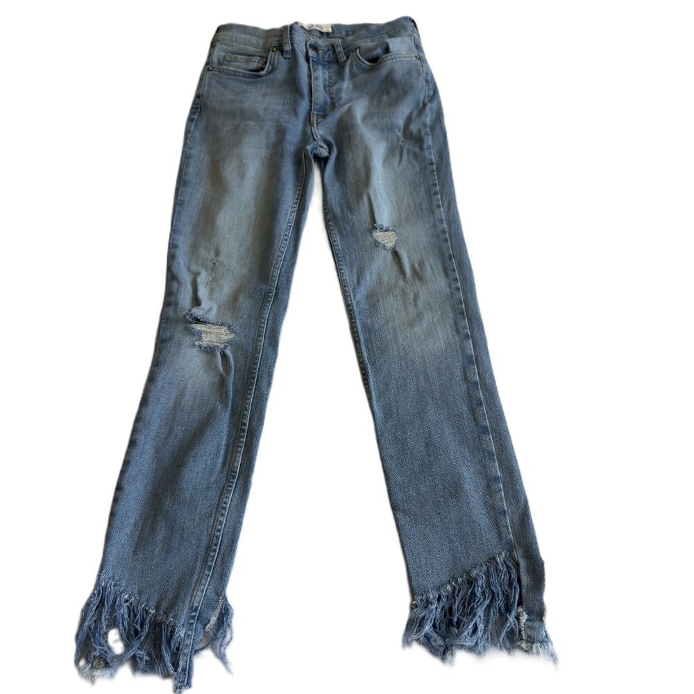 Free People We The Free Long & Lean Jeans Size 25 Distressed Raw Hem Boho